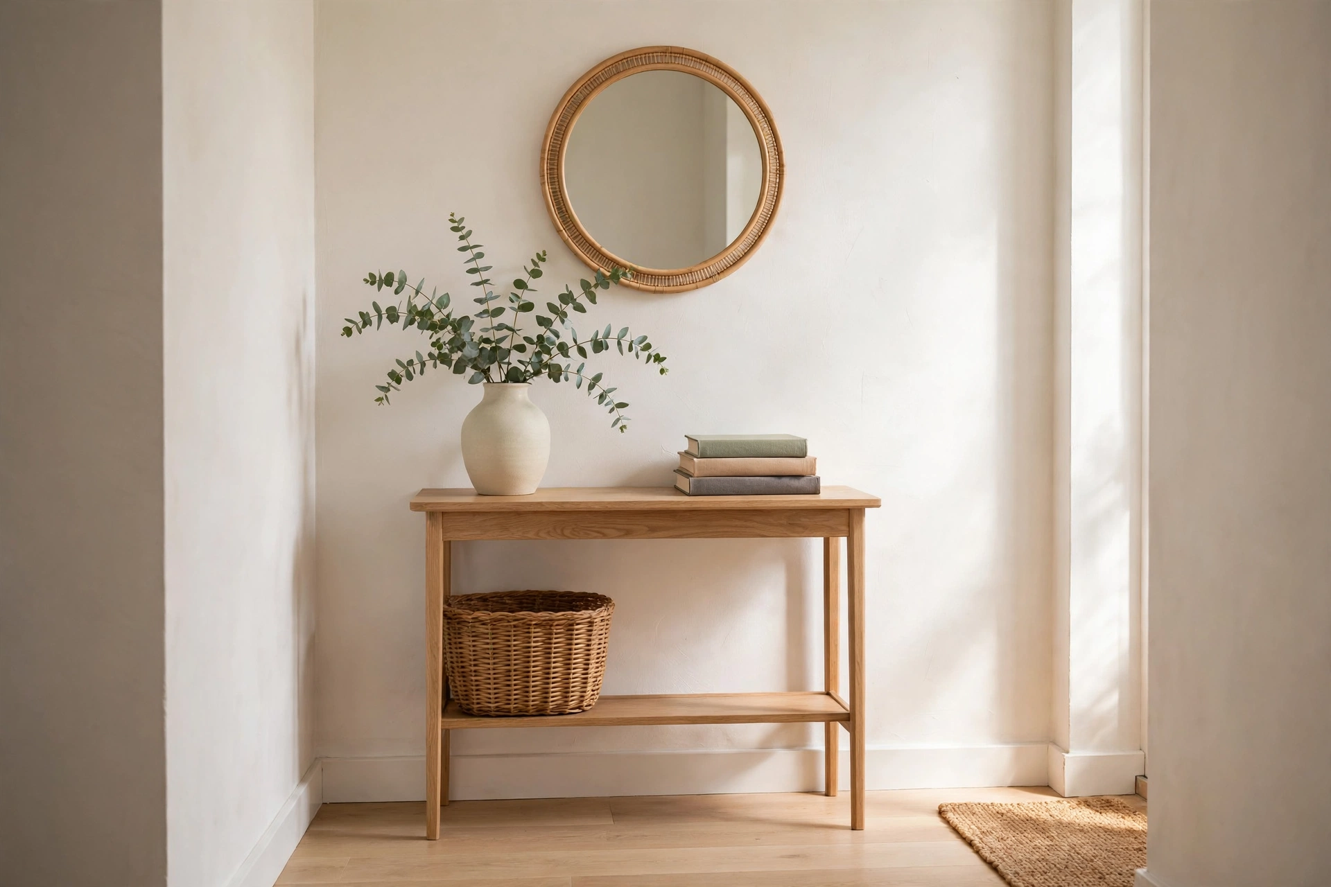 Slim oak console table styled with round mirror, vase and basket in a small apartment entryway