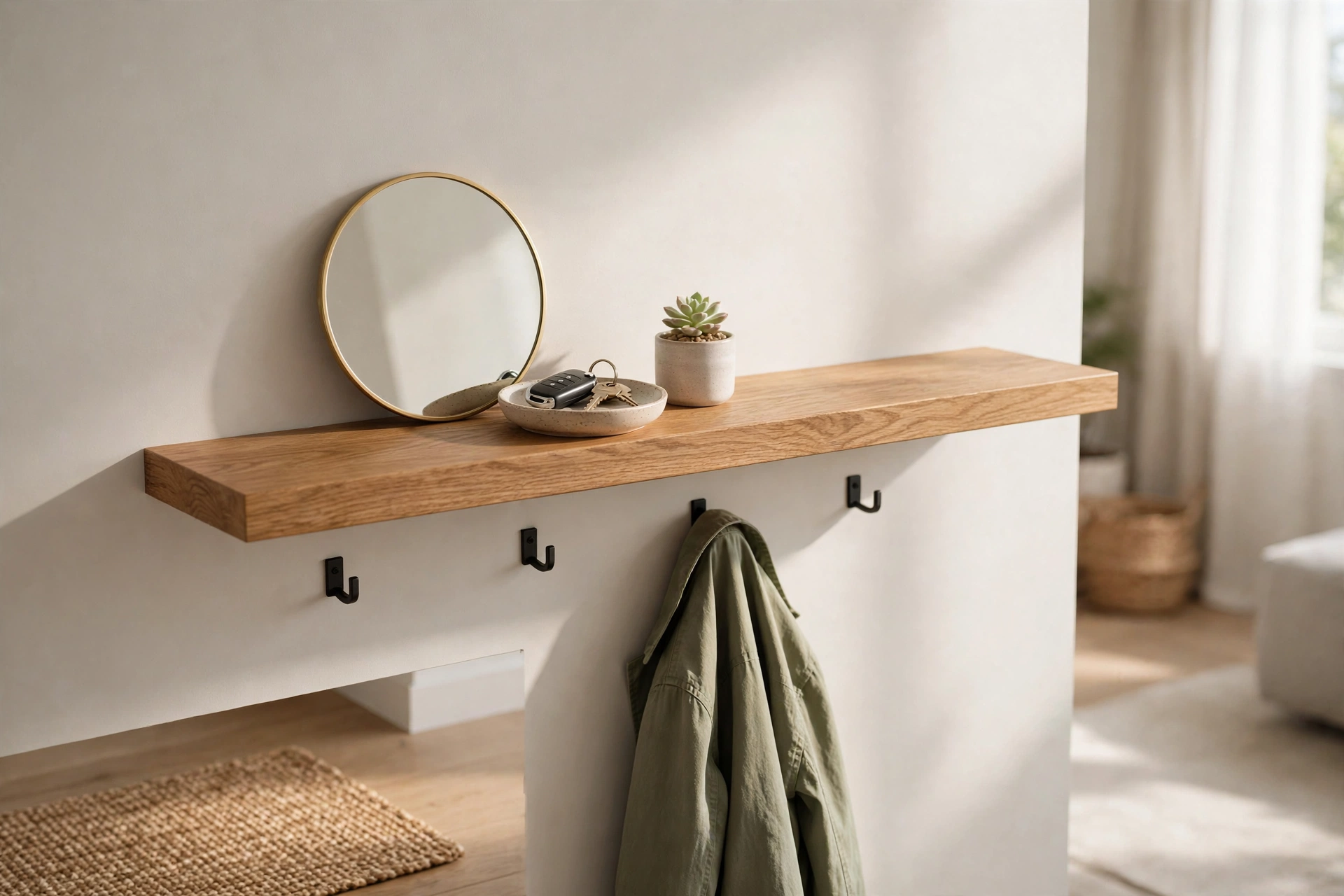 Floating oak shelf as minimalist entryway ledge with mirror, key dish and hooks below