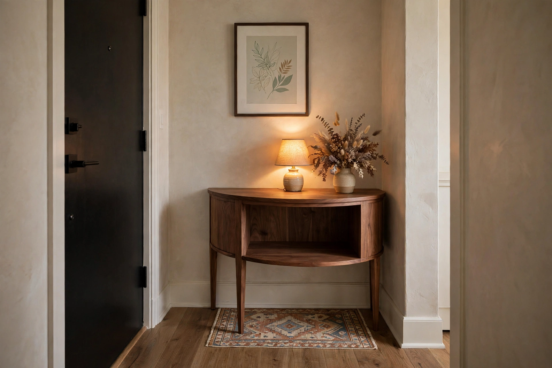 Walnut demilune half-moon table with lamp and art in a compact apartment foyer