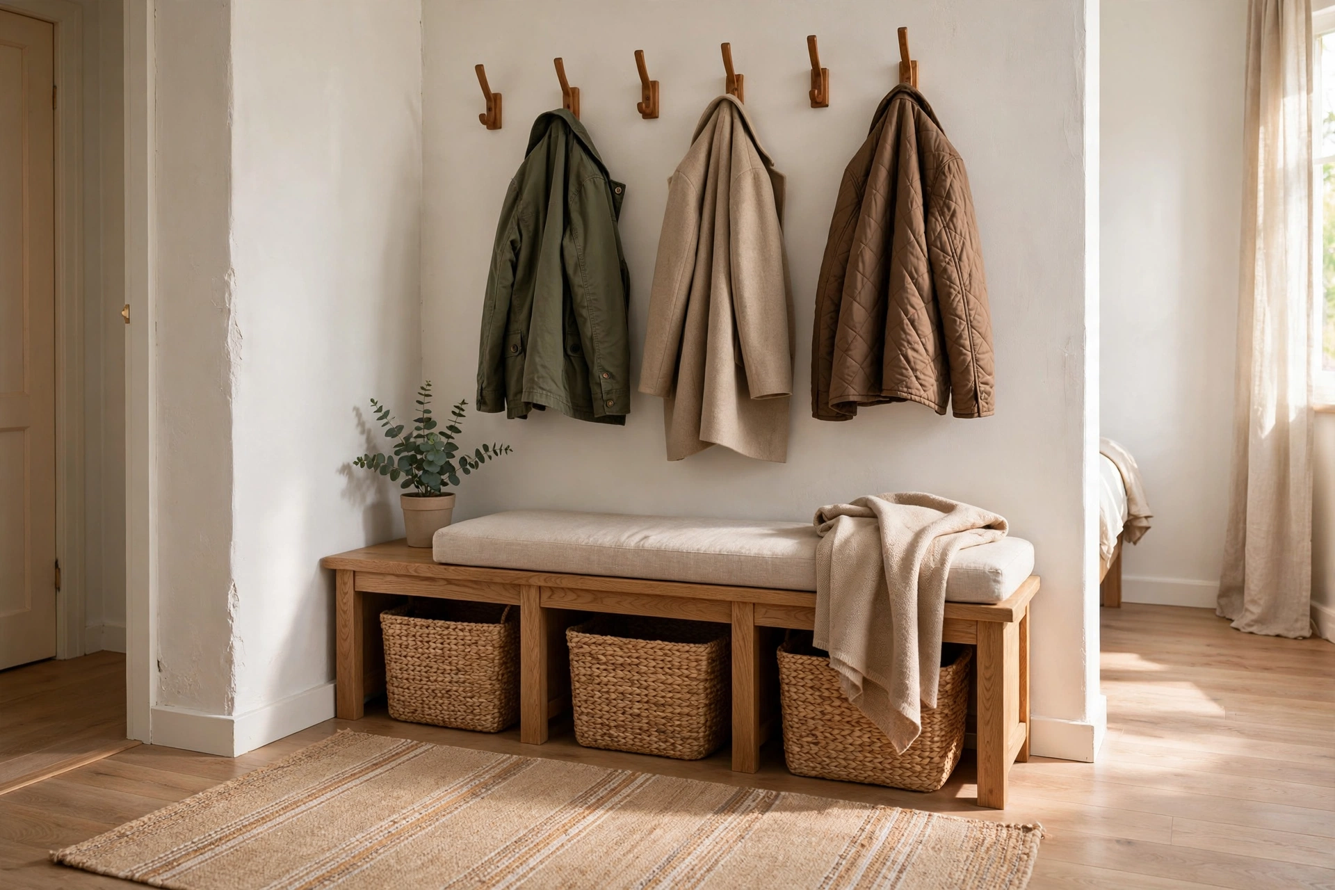 Entryway bench with storage, linen cushion and baskets underneath in a studio foyer