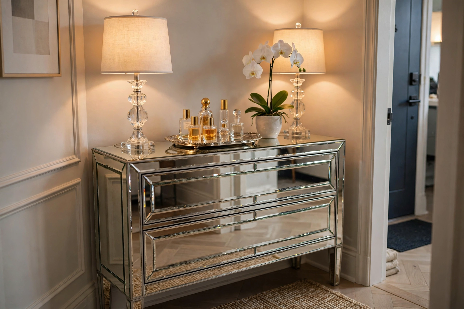 Mirrored console table with crystal lamps and orchid in a glam apartment entryway