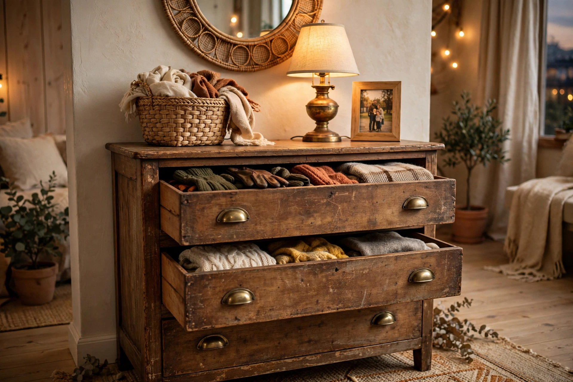 Vintage wooden dresser repurposed as entryway station with lamp and mirror