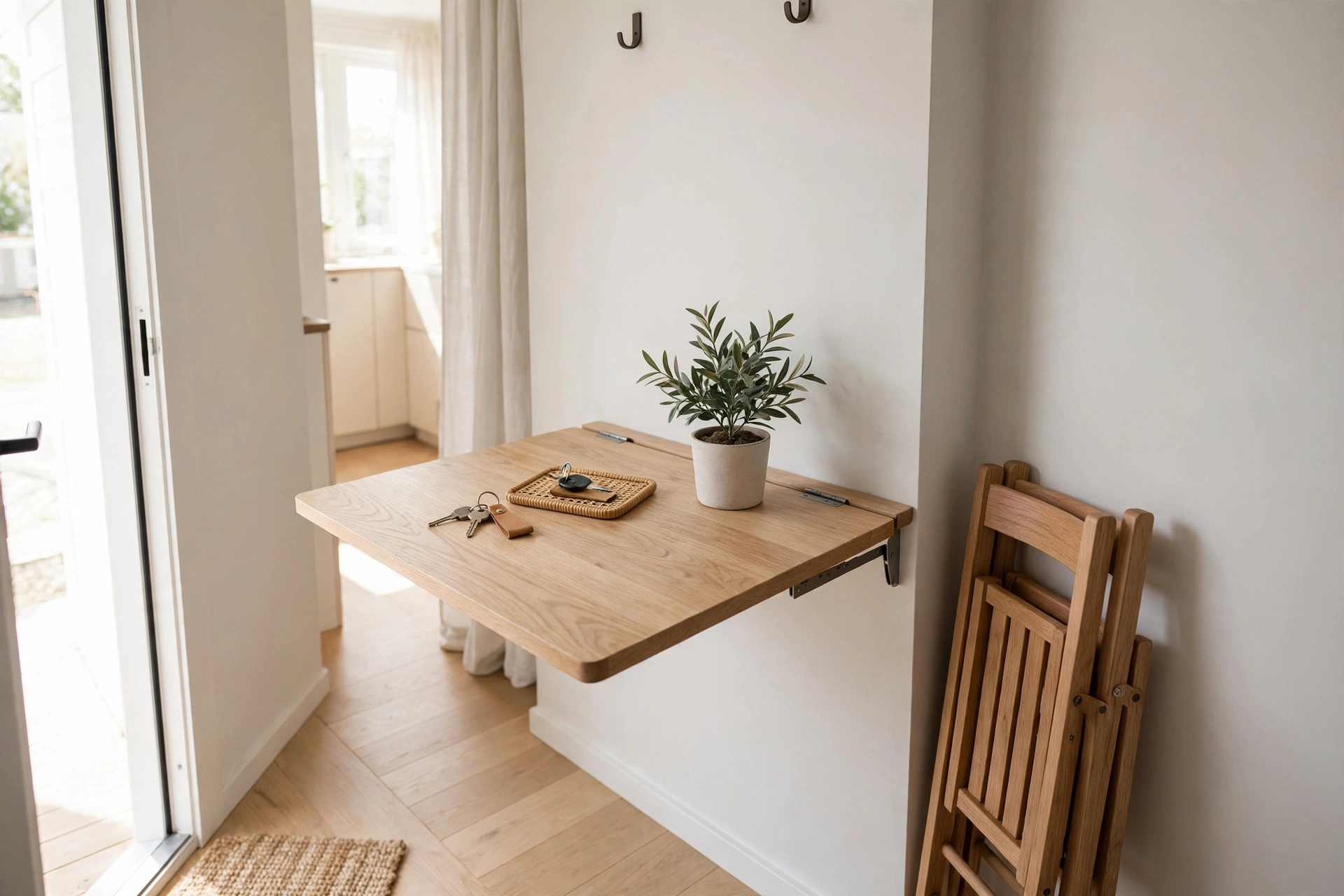 Fold-down wall-mounted table as space-saving entryway console in tiny studio hall