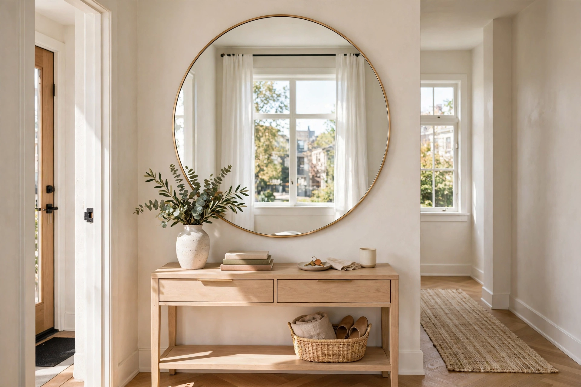 Oversized round brass mirror above console table reflecting light in small entryway