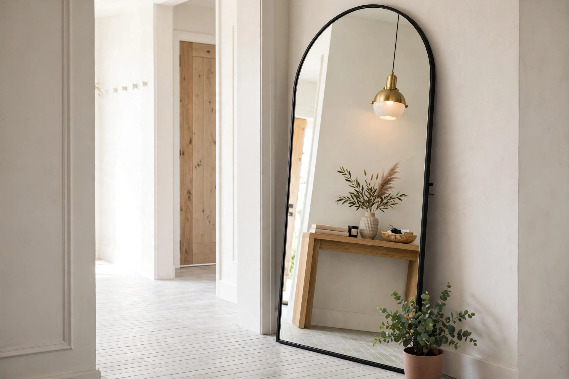 Arched full-length floor mirror leaning in narrow apartment entryway corner