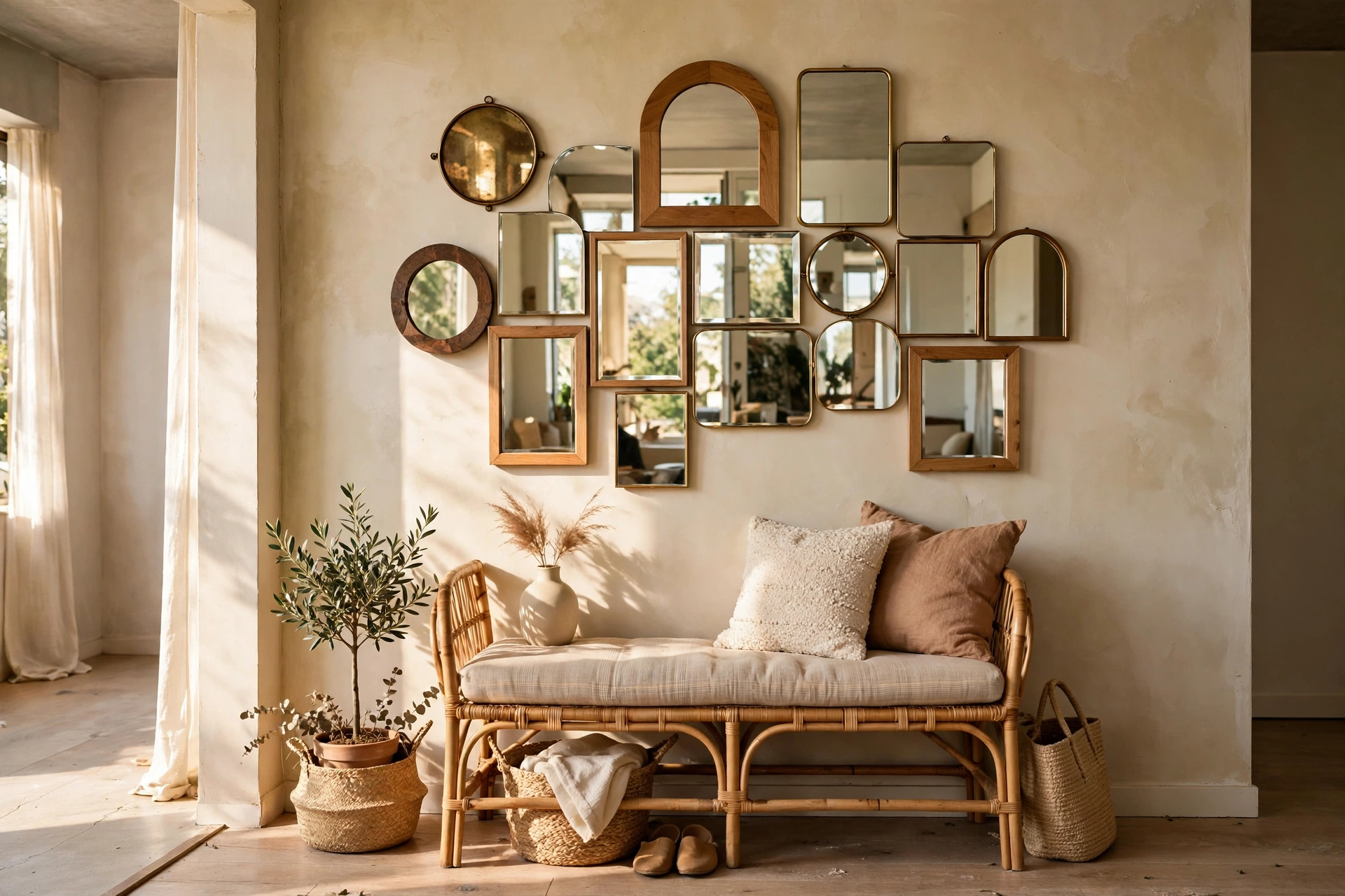 Gallery cluster of small mixed-shape mirrors above rattan bench in studio foyer