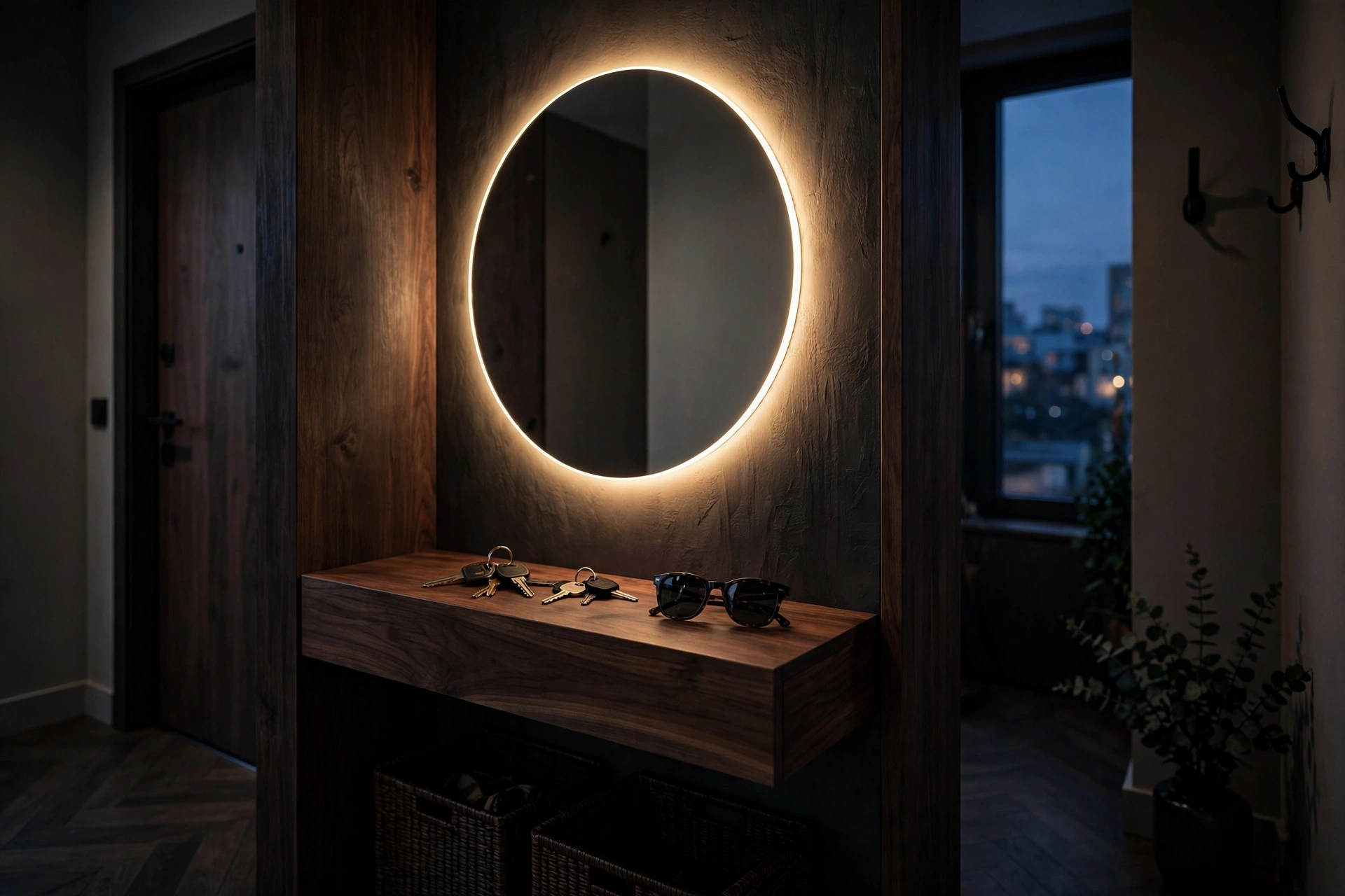 Round backlit LED mirror glowing warmly above floating shelf in entryway at dusk
