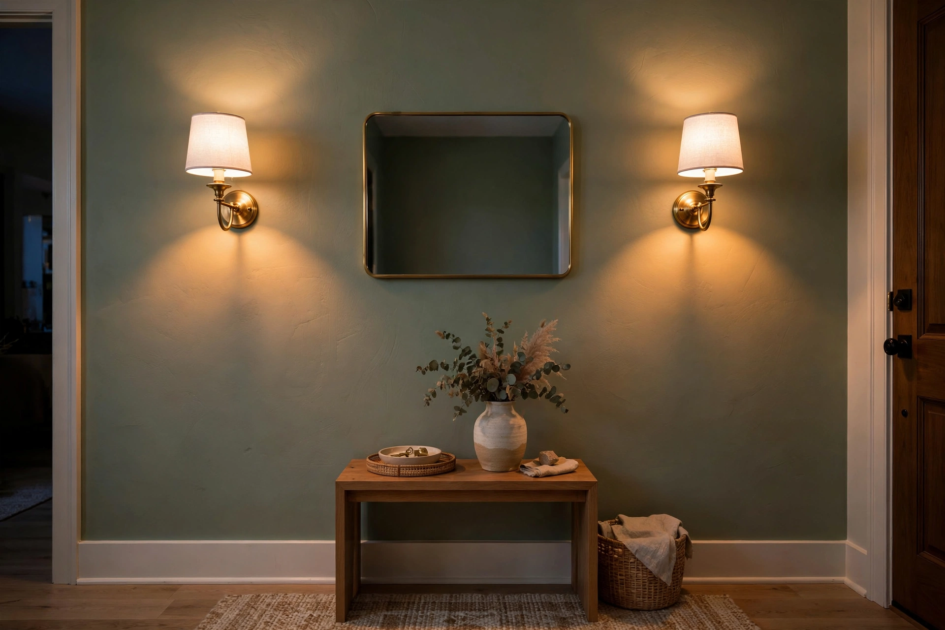 Pair of brass wall sconces flanking mirror in cozy apartment foyer with sage wall