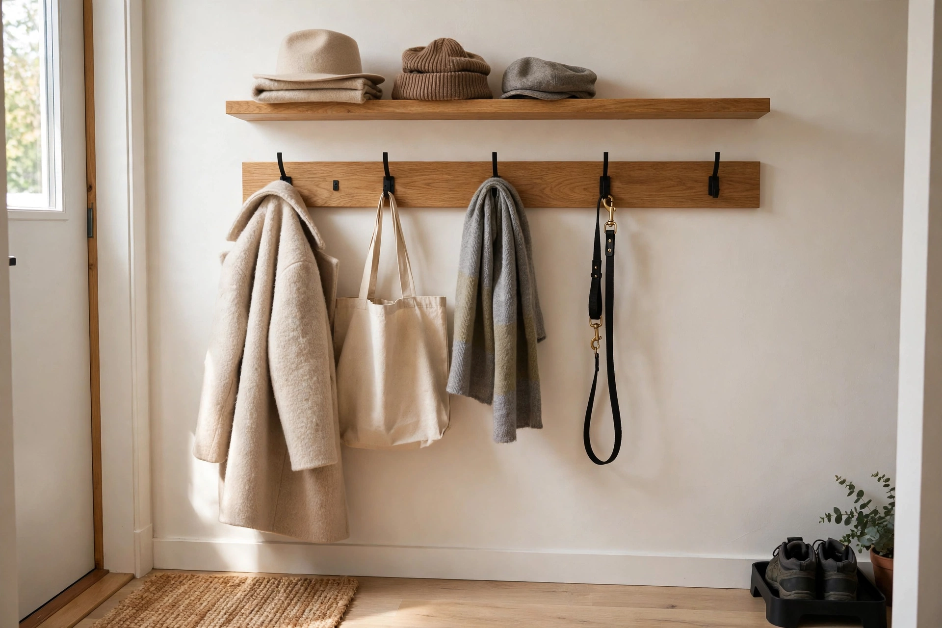 Oak wall rail with black metal hooks holding coat, tote and leash in entryway