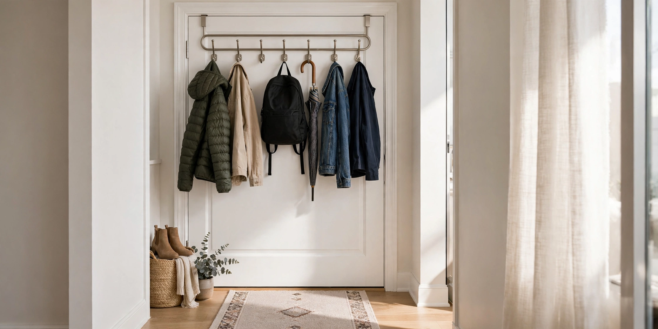 Over-door hook rack with jackets and backpack on white apartment entry door