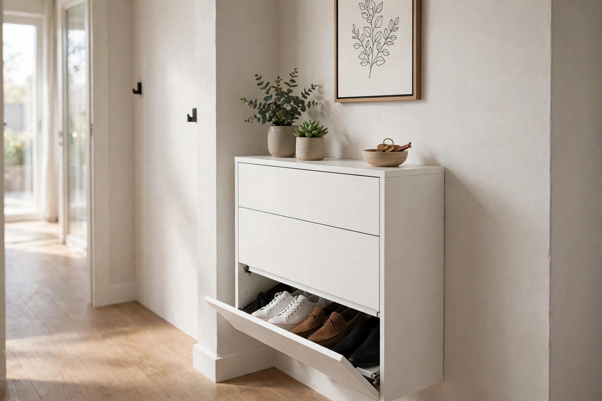 Slim white tilt-out shoe cabinet with styled top in narrow hallway entryway