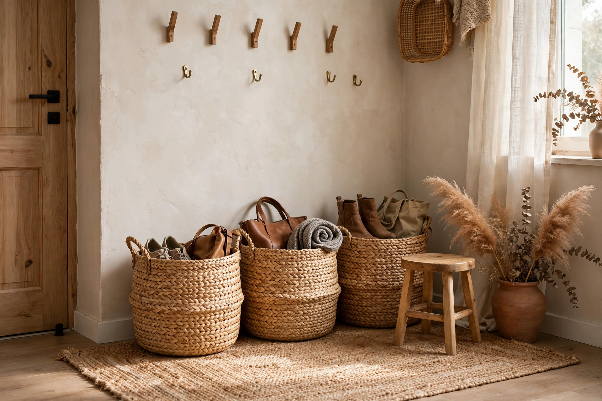 Woven seagrass baskets as drop zone with stool and jute rug in studio entryway