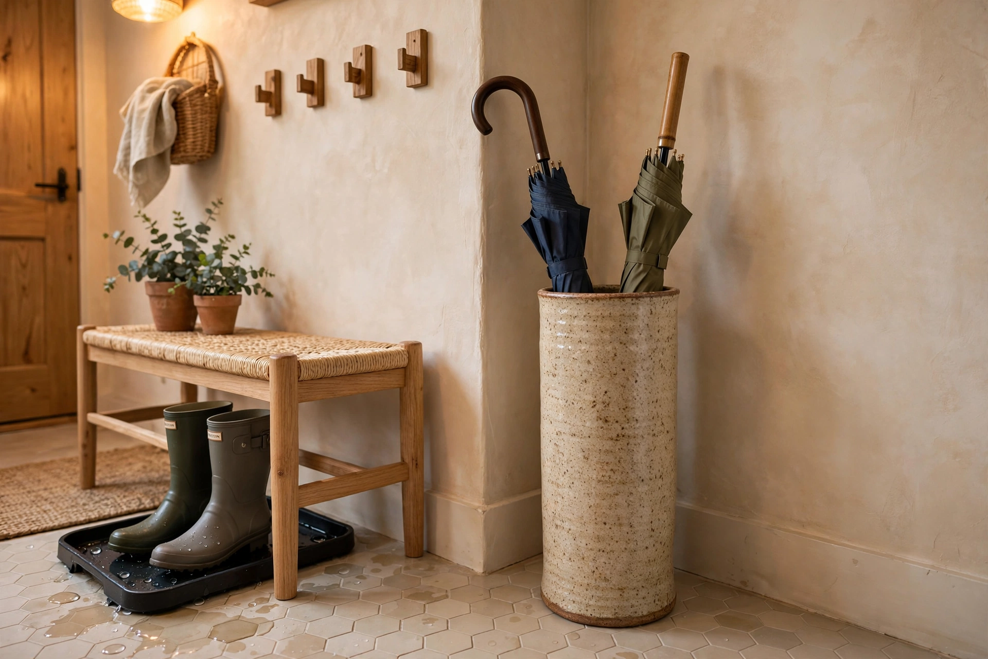 Ceramic umbrella stand with umbrellas beside bench in apartment entryway corner