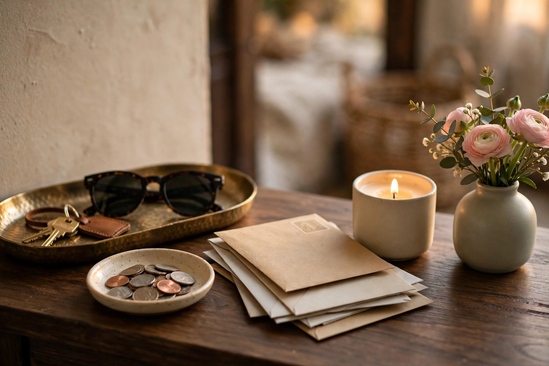Brass catch-all tray with keys and sunglasses styled on entryway console vignette
