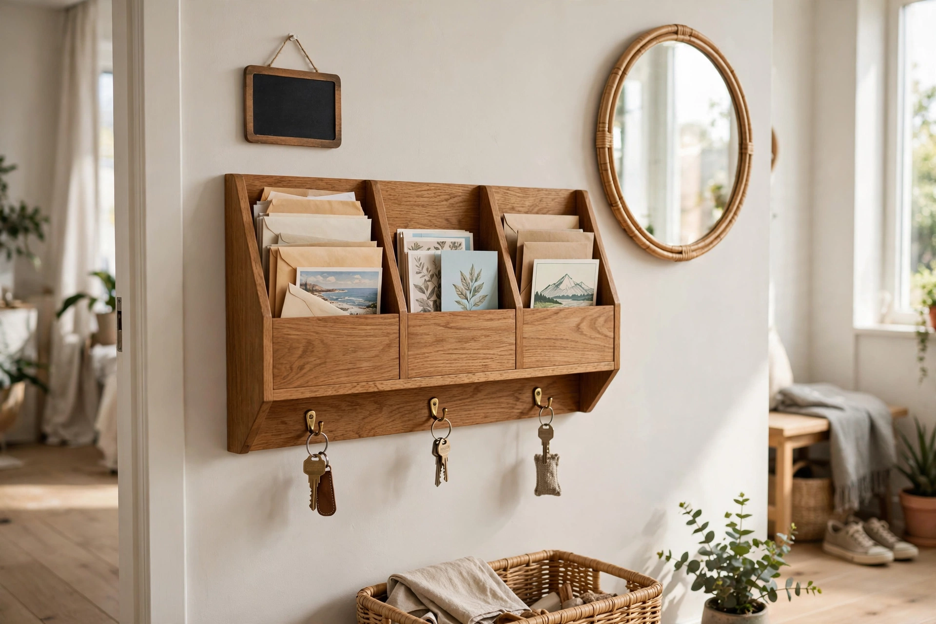 Wooden wall-mounted mail organizer with slots and key hooks beside round mirror