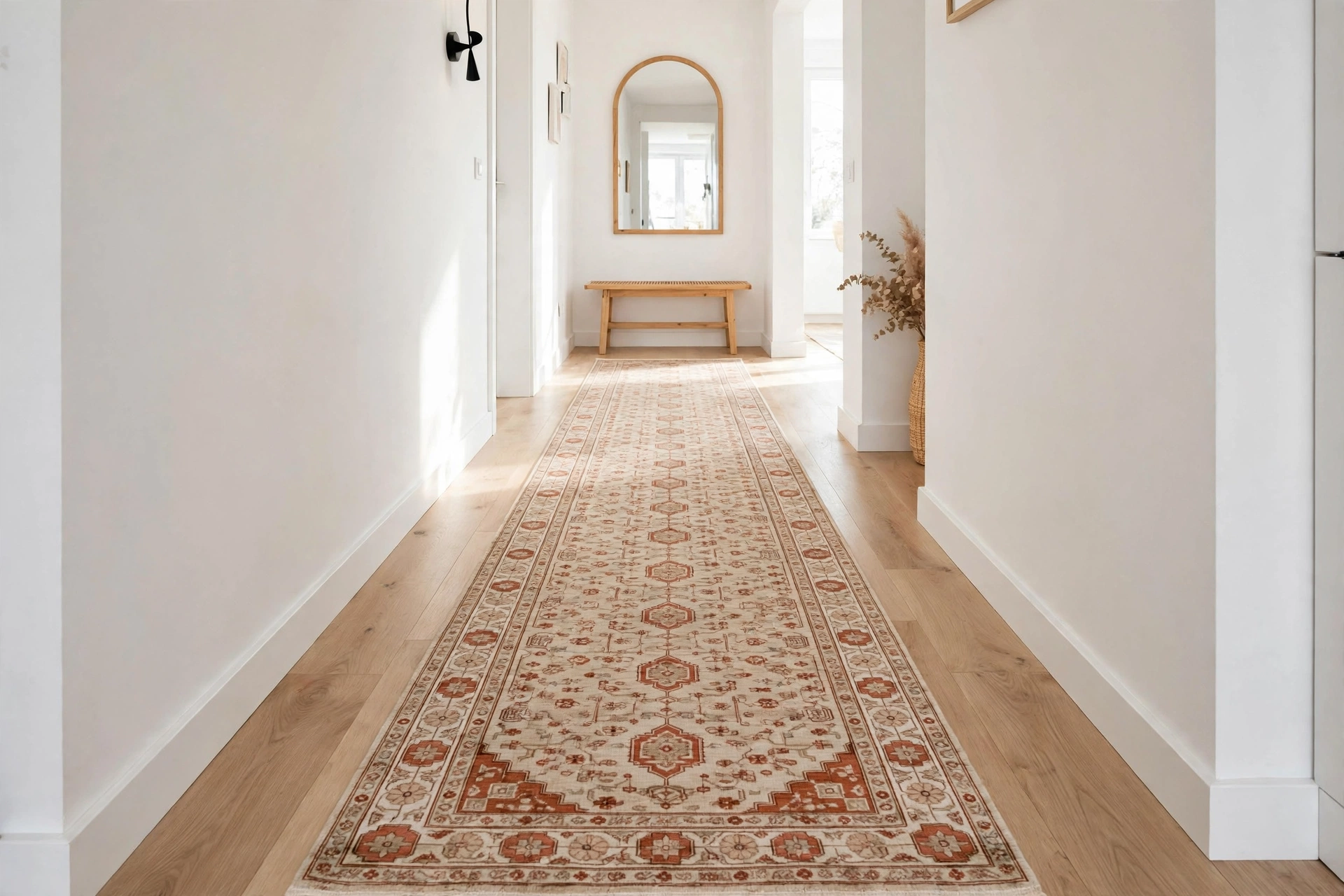 Washable Persian-style runner rug in beige and terracotta down narrow entryway hall