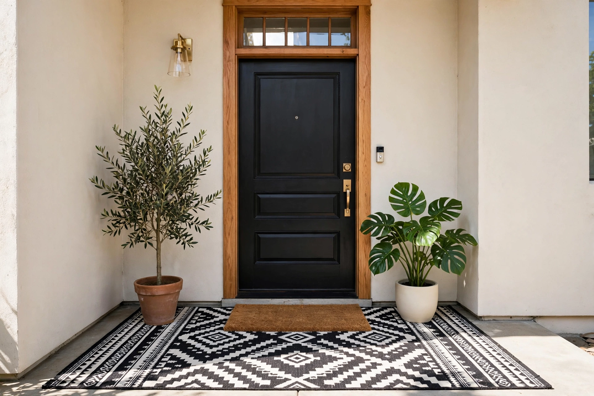 Layered coir doormat over patterned rug at apartment front door with plants