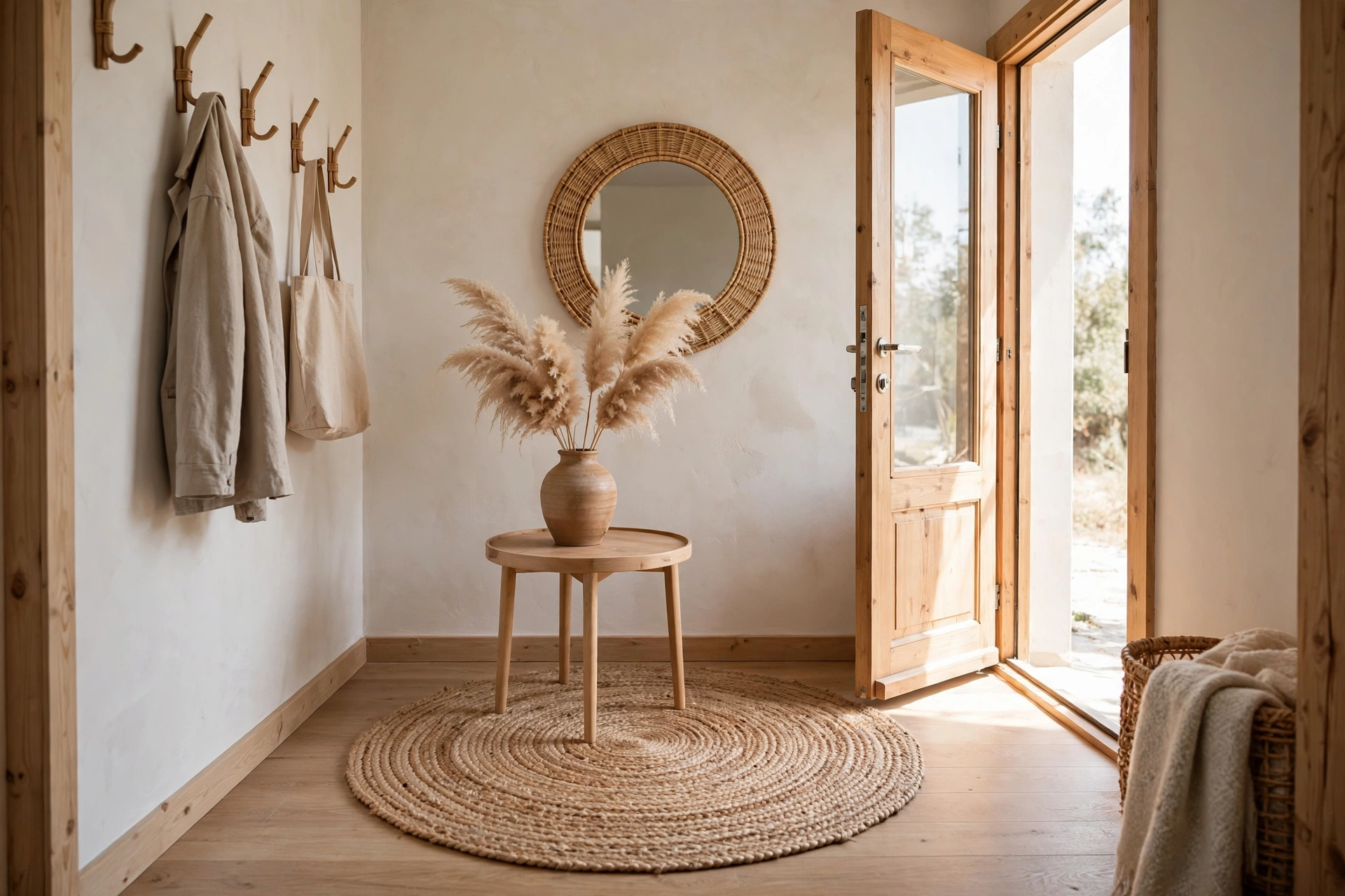 Round natural jute rug centered in small square foyer with side table and mirror