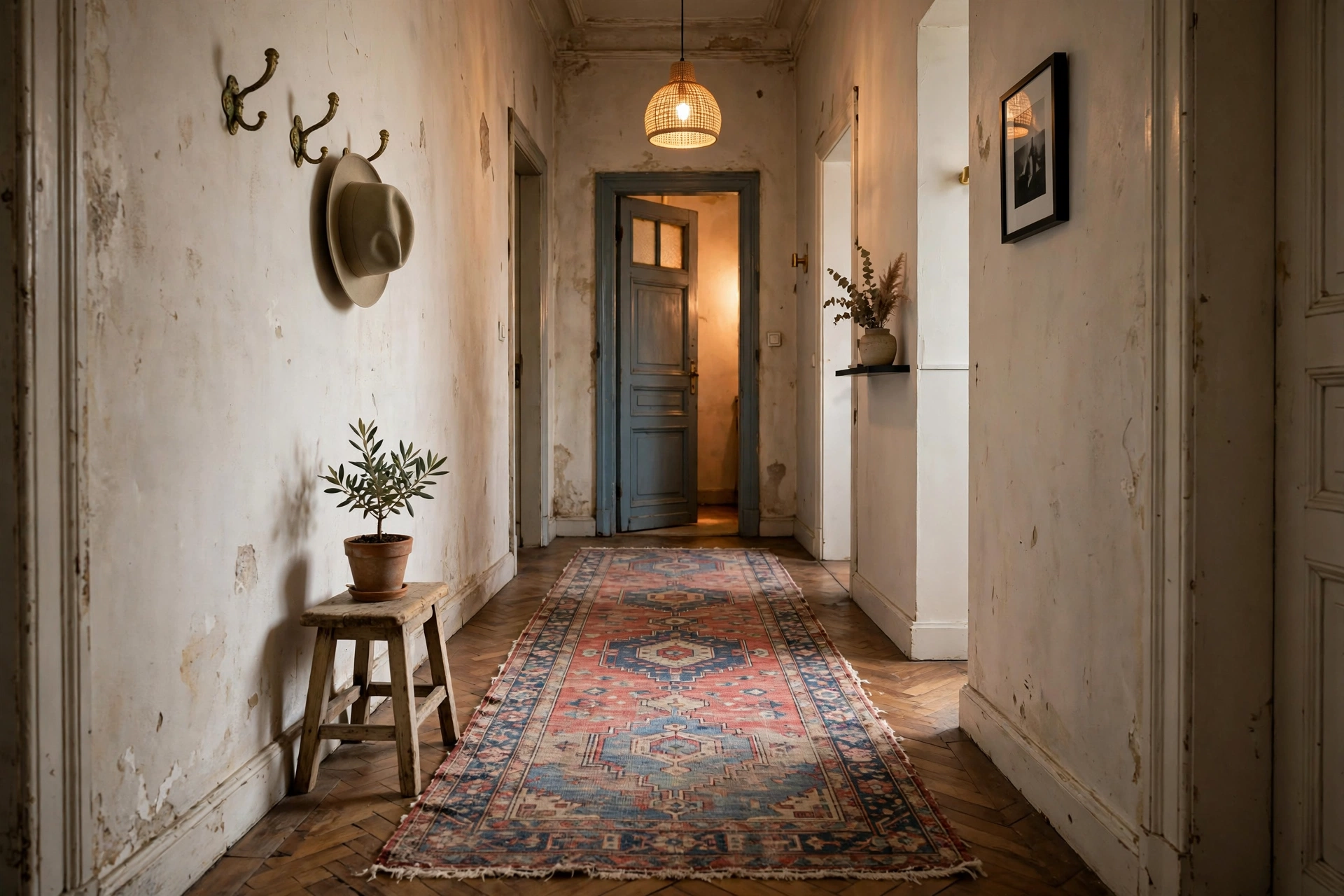 Faded vintage Turkish runner rug leading through narrow apartment entryway hall