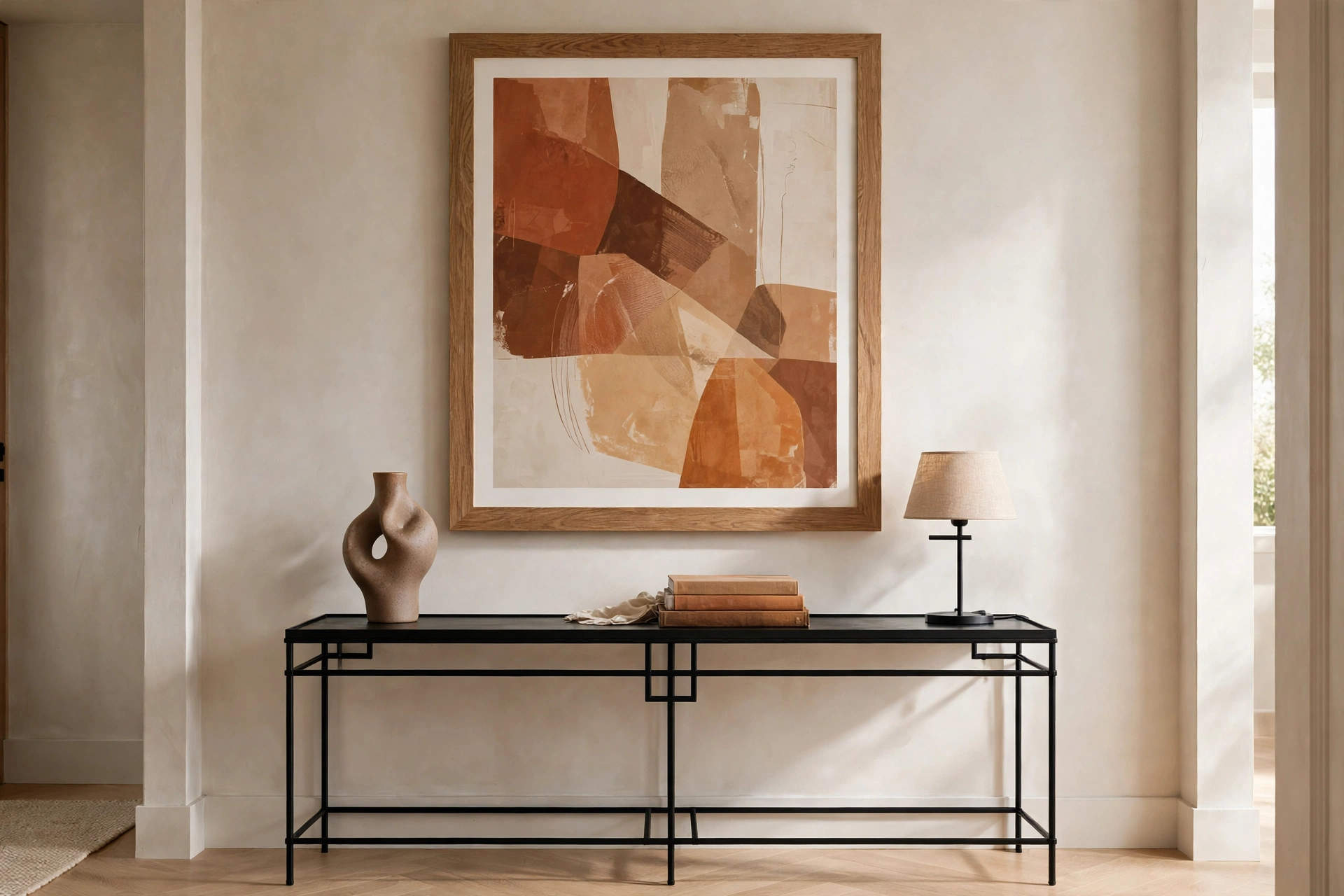 Large framed abstract art above black console table in apartment entryway