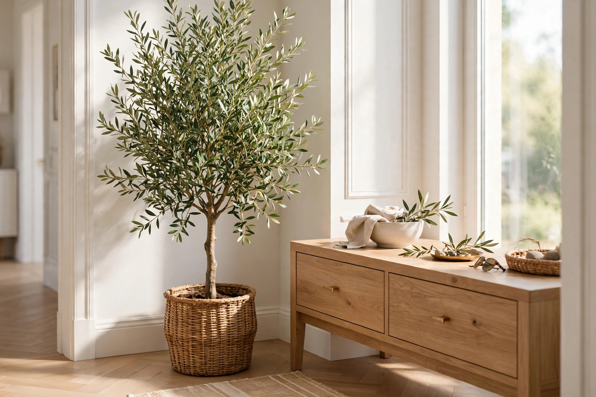 Tall potted olive tree in woven basket beside console in bright entryway