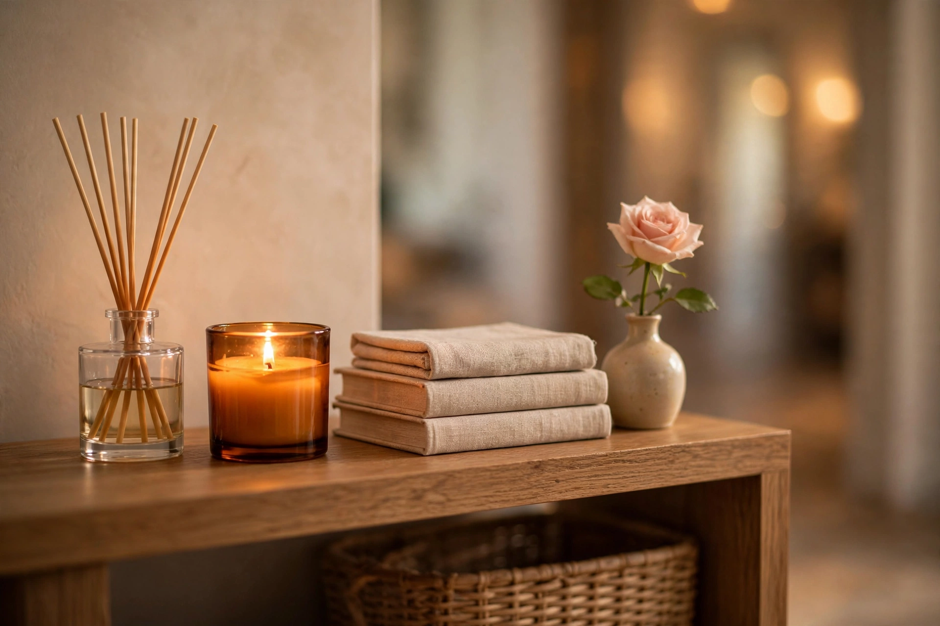 Styled console vignette with reed diffuser, amber candle and books in entryway