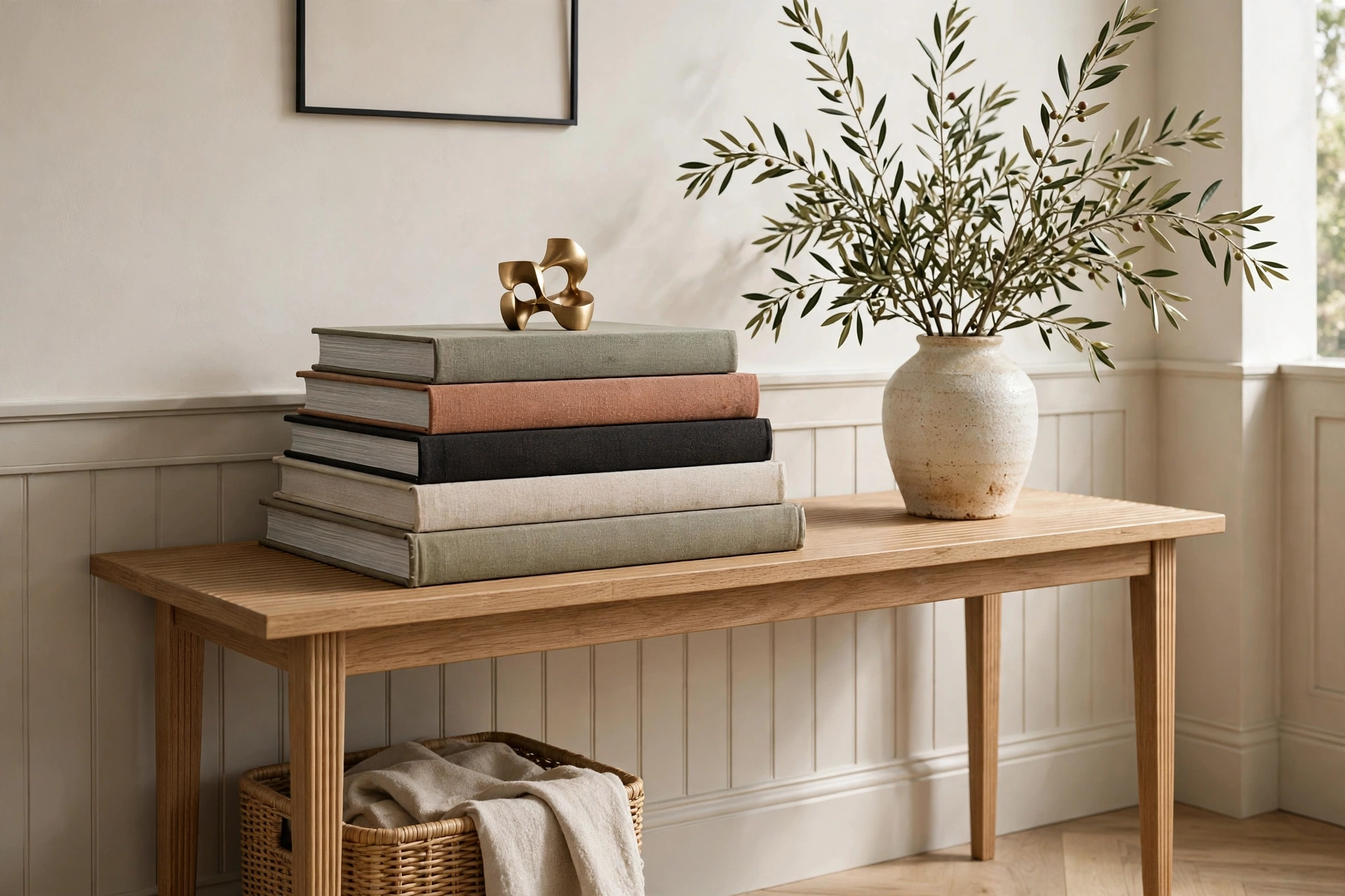 Stack of design coffee table books with brass sculpture on entryway console