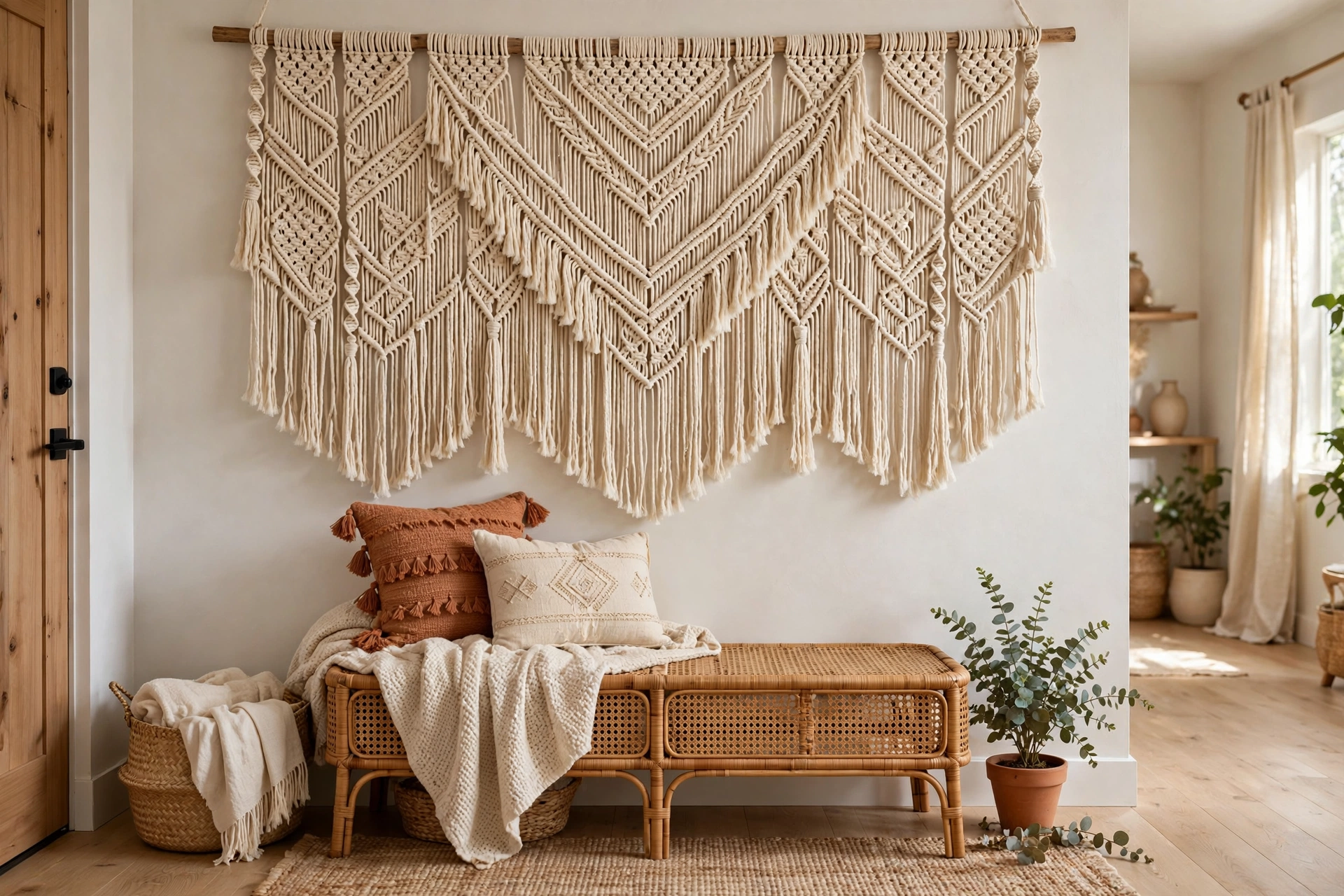 Macrame woven wall hanging above rattan bench in boho studio foyer