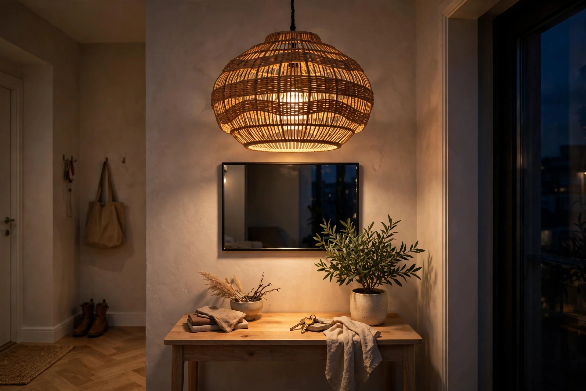 Rattan globe pendant light glowing over entryway console table in evening