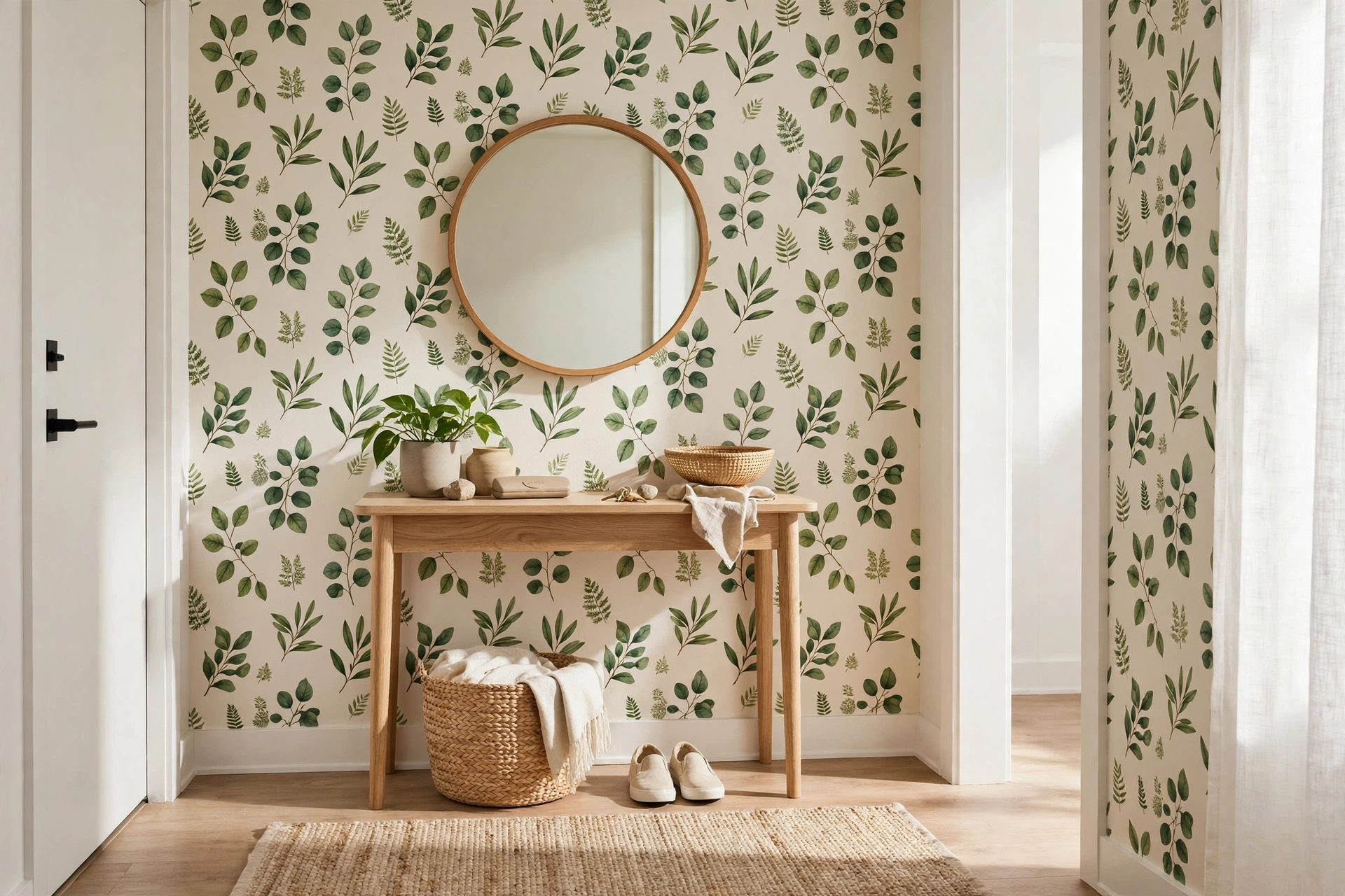 Botanical peel-and-stick wallpaper accent wall with console and mirror in entryway