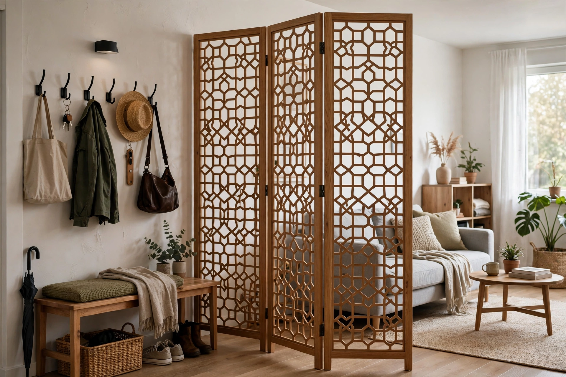 Wooden openwork room divider creating entryway zone inside studio apartment