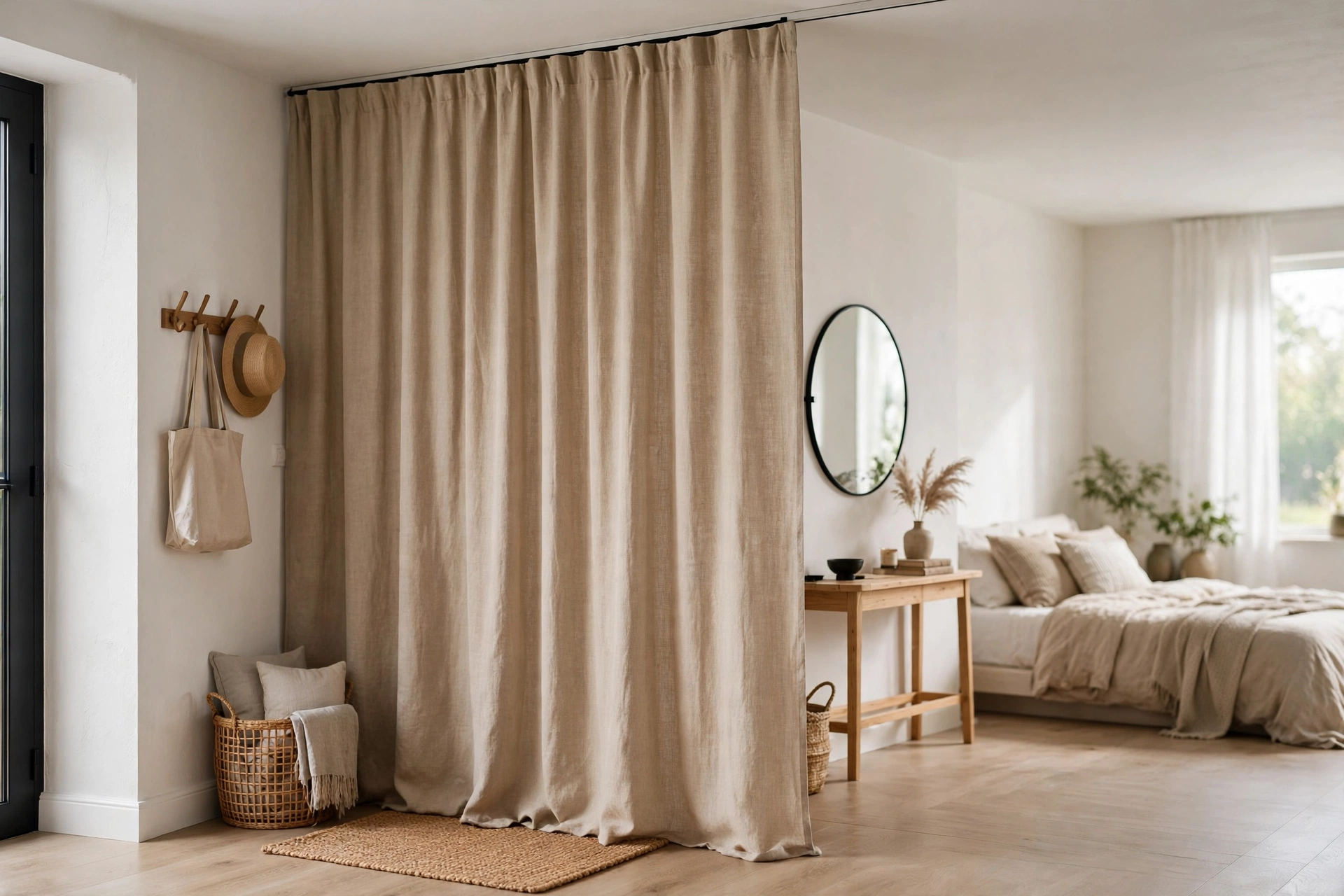 Linen curtain panel on ceiling track creating faux foyer divider in studio entryway