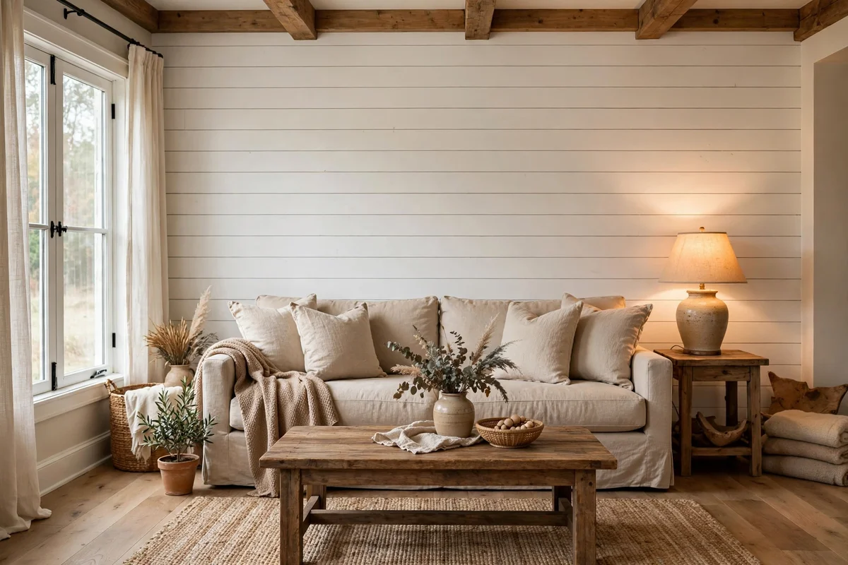 Farmhouse living room with white shiplap accent wall behind a linen sofa