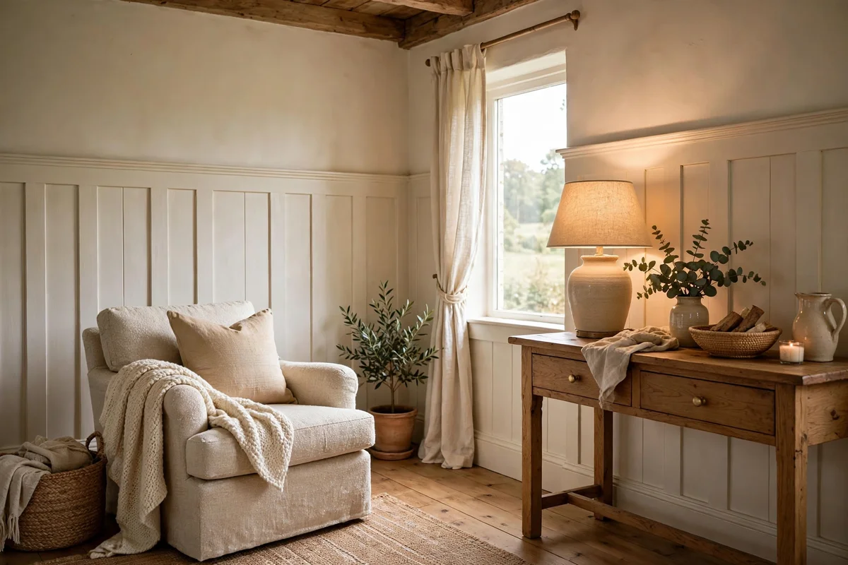 Farmhouse living room with board-and-batten wainscoting painted warm white