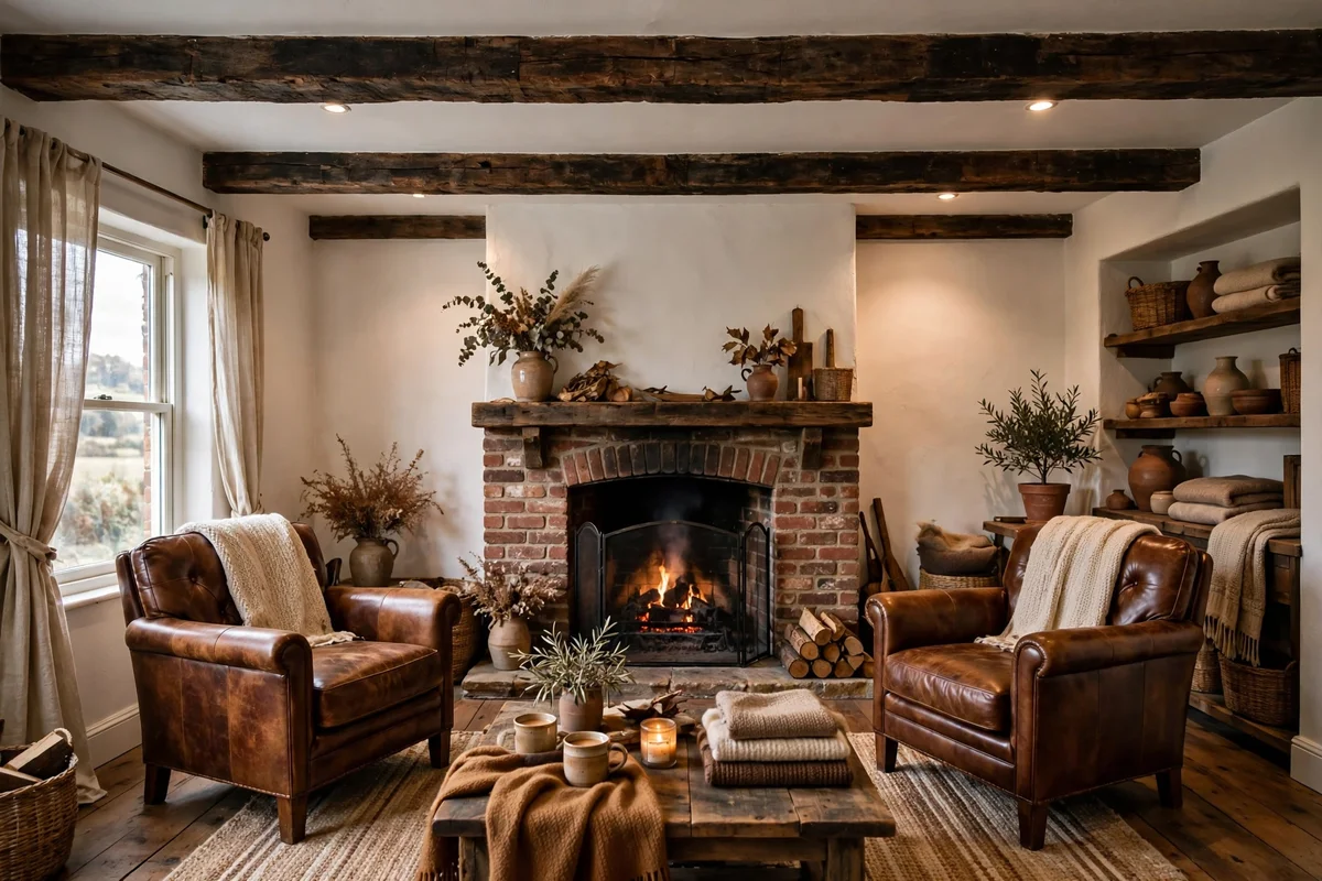 Farmhouse living room with exposed reclaimed wood ceiling beams