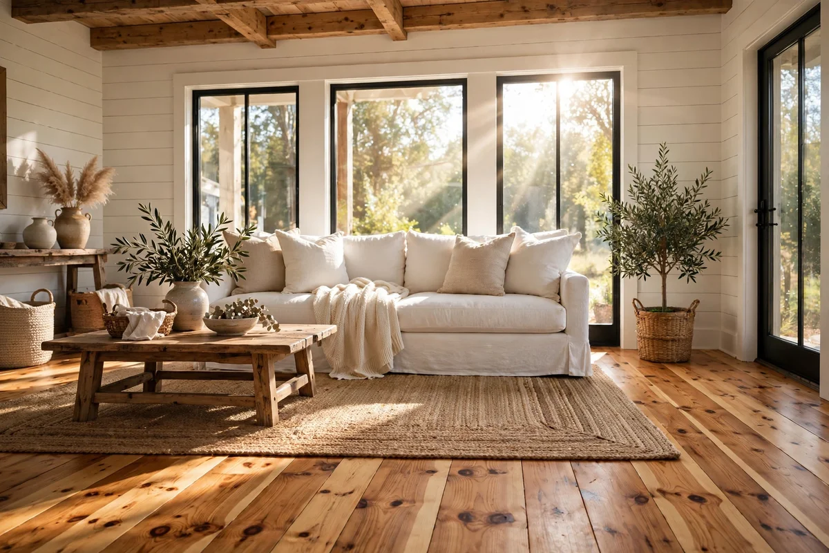 Farmhouse living room with wide-plank pine wood floors and jute rug