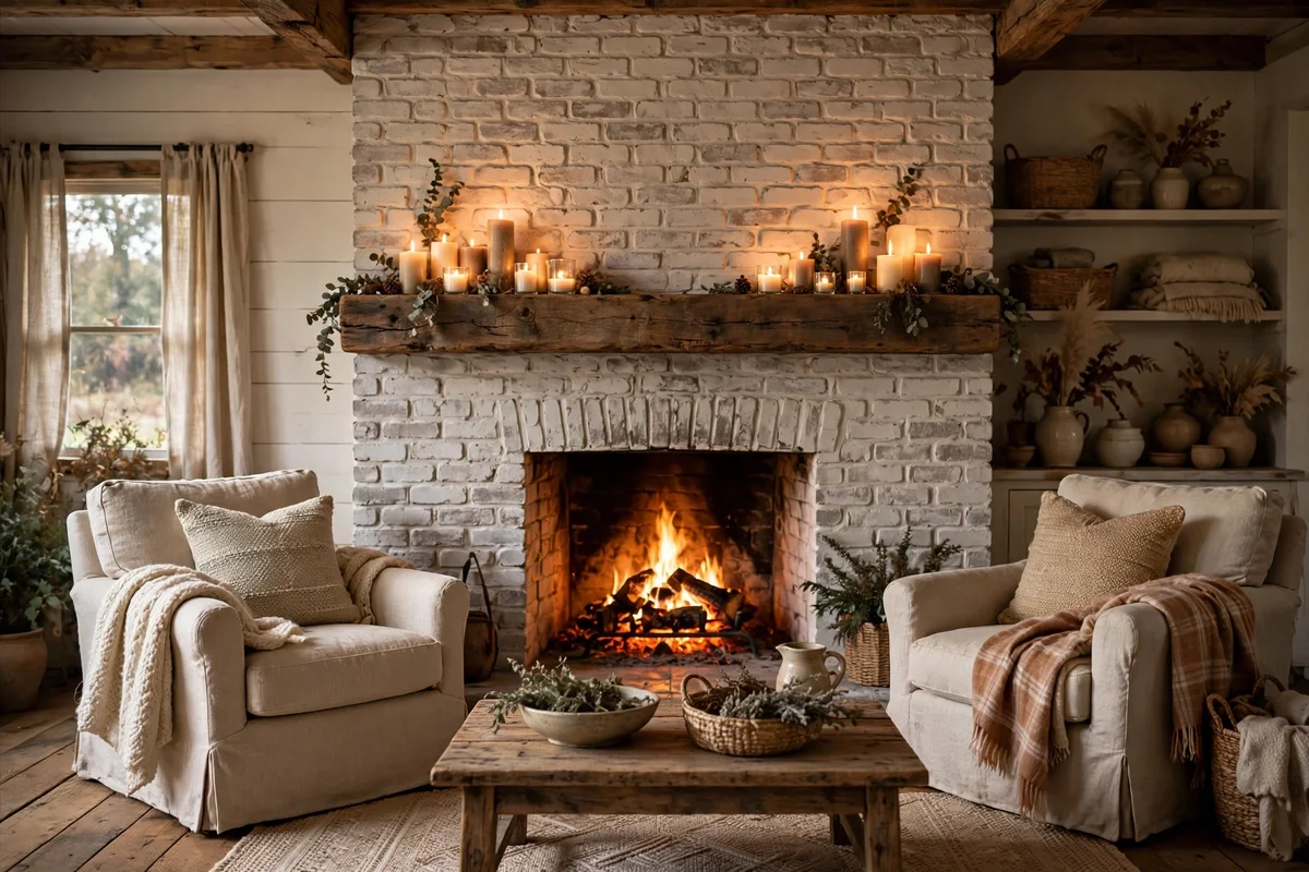 Farmhouse living room with whitewashed brick fireplace and wood mantel