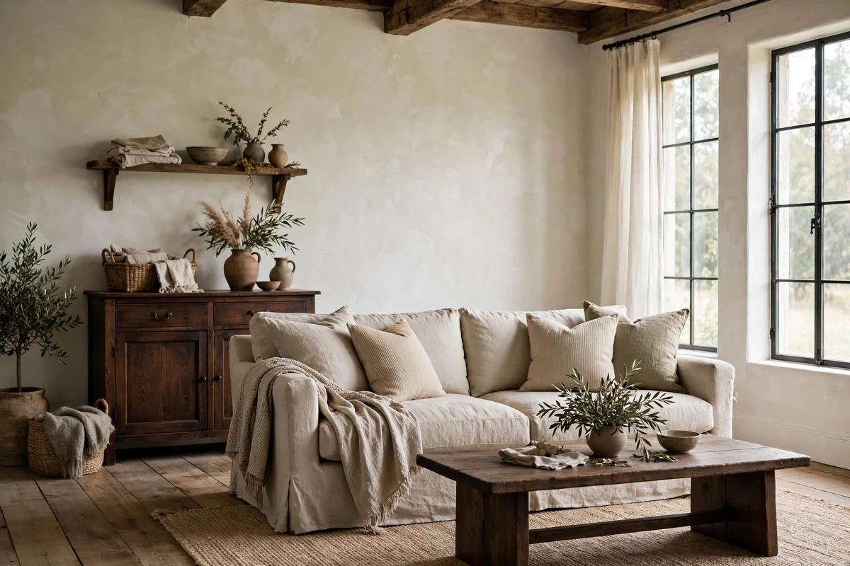 Farmhouse living room with soft limewash plaster walls in warm white