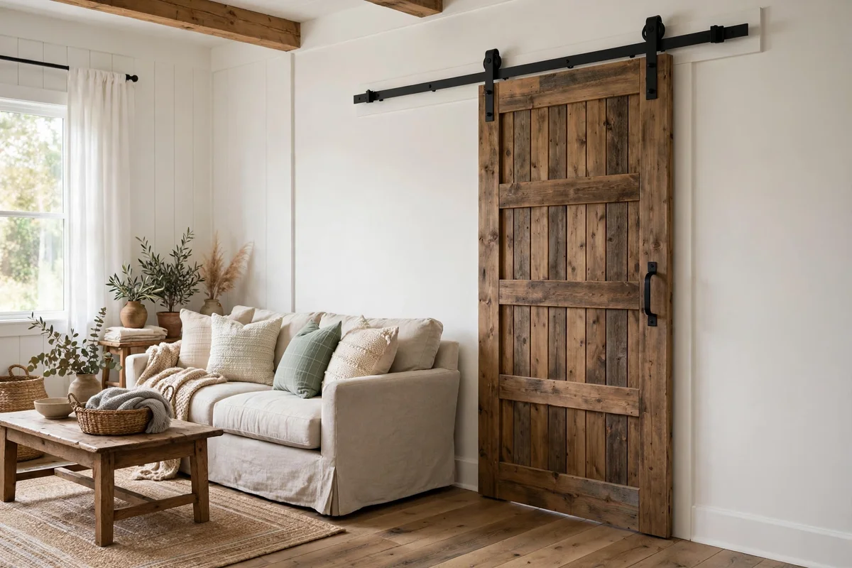 Farmhouse living room with sliding wooden barn door on black hardware