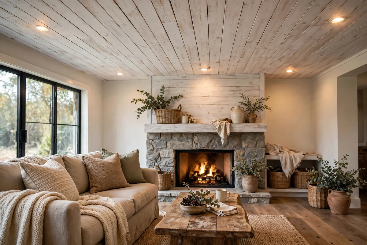 Farmhouse living room with whitewashed wood plank ceiling