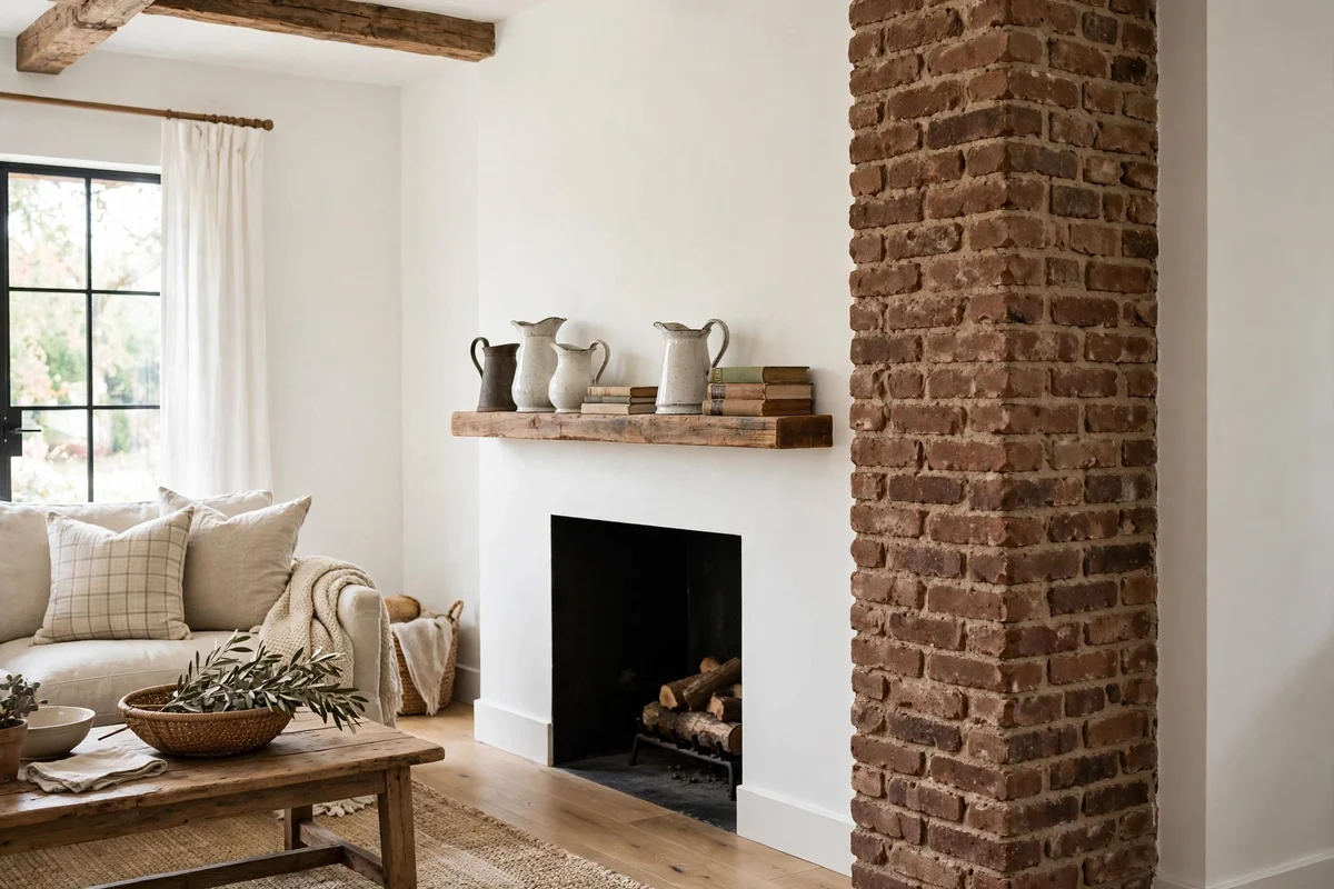 Farmhouse living room with brick accent pillar and wood mantel shelf