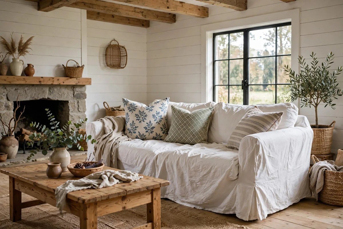 Farmhouse living room with white slipcovered linen sofa and wood coffee table