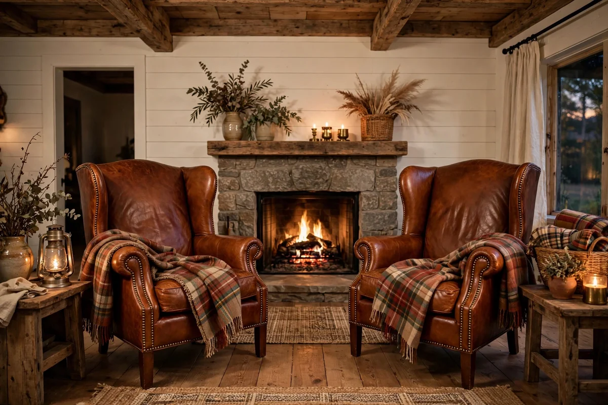 Farmhouse living room with cognac leather wingback chairs by fireplace
