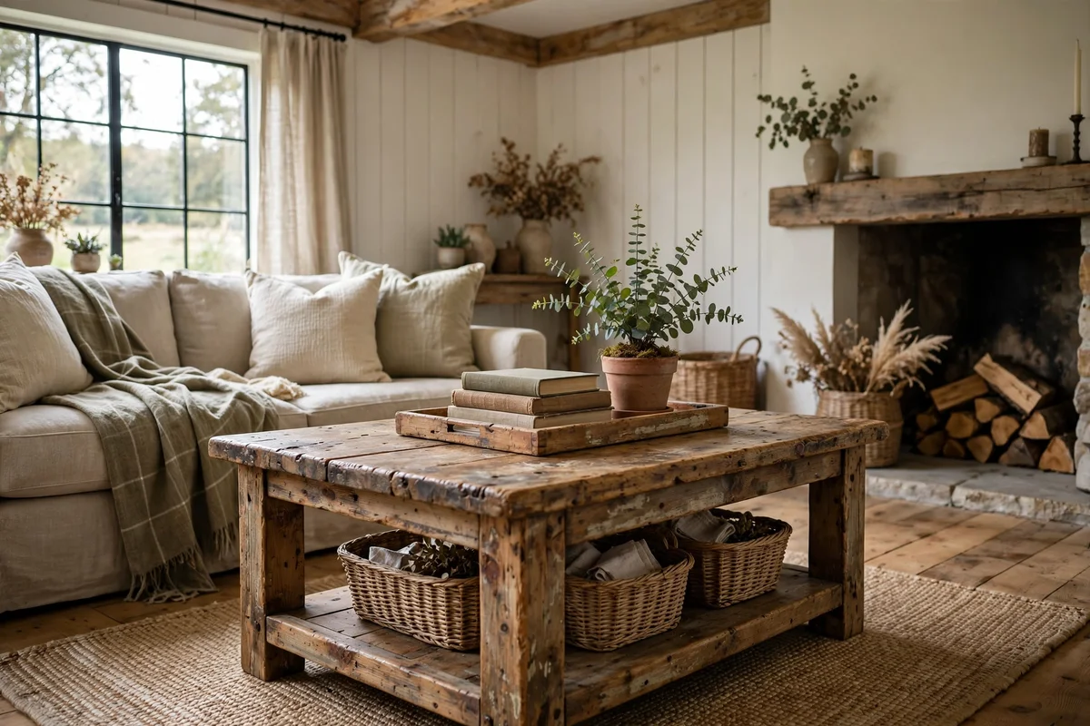 Farmhouse living room with distressed pine coffee table and tray styling