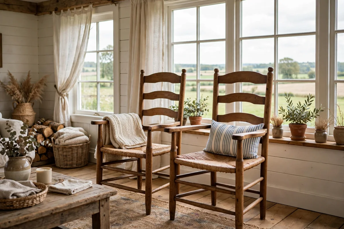 Farmhouse living room with wooden ladder-back armchairs and rush seats