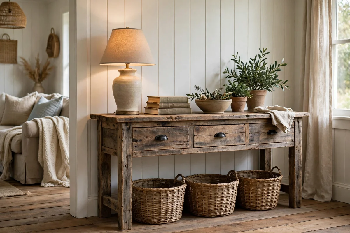 Farmhouse living room with reclaimed wood console table styled with lamp and books