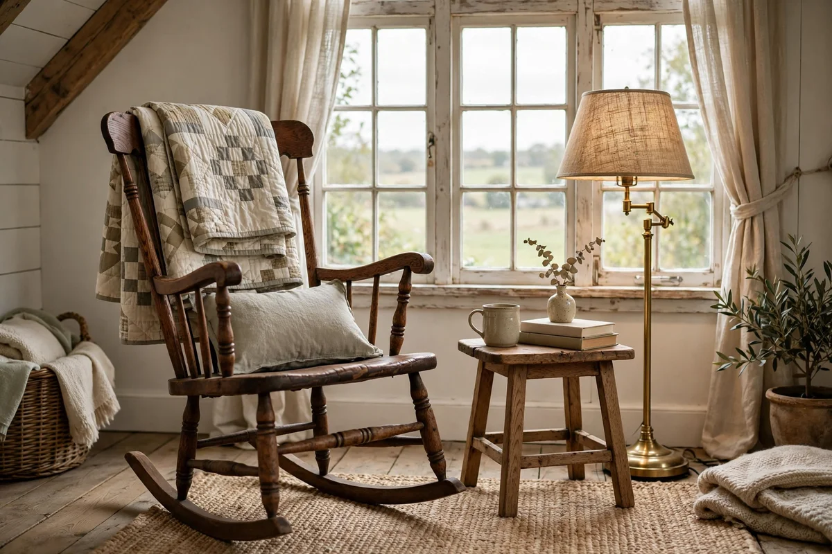 Farmhouse living room corner with wooden rocking chair and quilt
