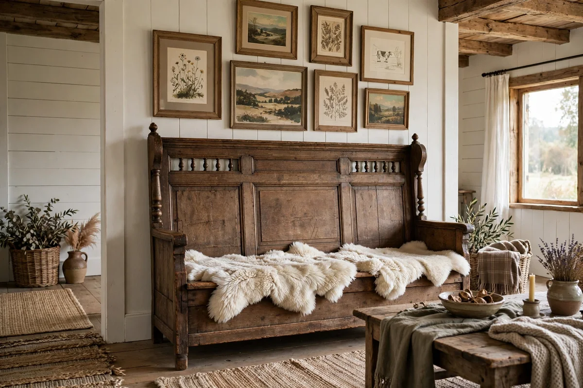 Farmhouse living room with antique wooden settle bench and sheepskins
