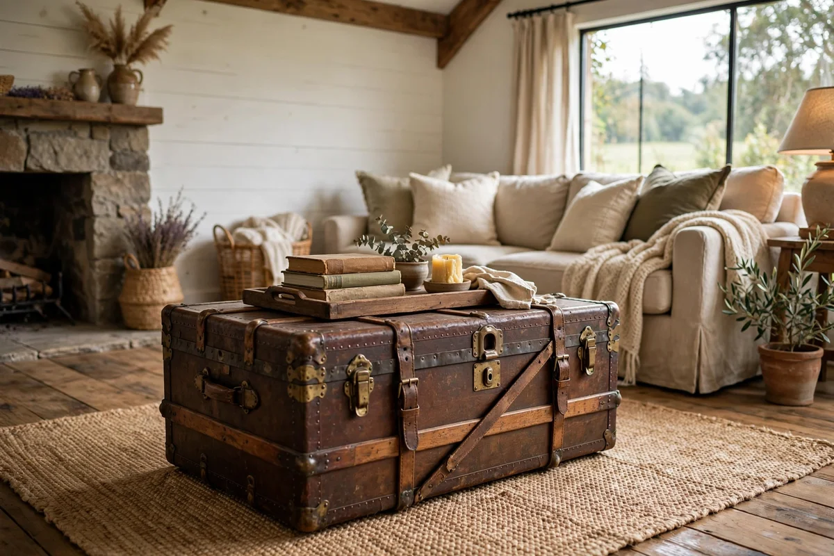 Farmhouse living room with vintage steamer trunk used as coffee table
