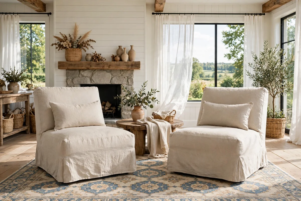Farmhouse living room with pair of linen slipper chairs and patterned rug